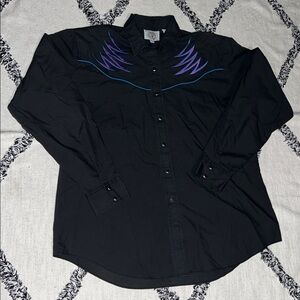 Vintage Ely Country Charmers Size L Black Embroidered Pearl Snap Western Top